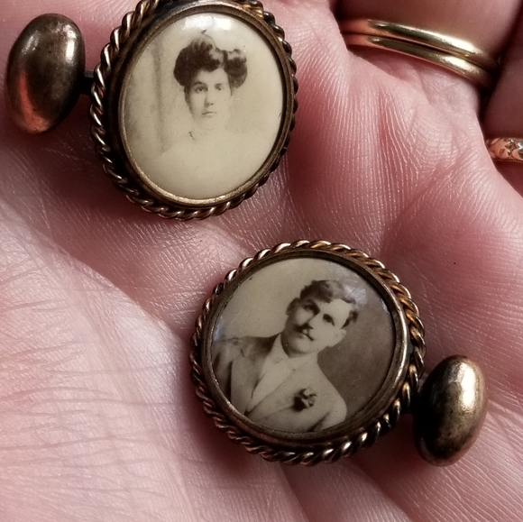 Relisted -Antique photo cufflinks gold tone photograph sepia - Picture 11 of 11